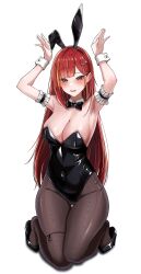 1girl absurdres akane_lize animal_ear_hairband animal_ears black_bow black_bowtie black_leotard bow bowtie breasts cleavage detached_collar fake_animal_ears full_body gradient_hair hair_ornament hairband hairclip highres hyun_(kzze3232) kneeling large_breasts leotard long_hair multicolored_hair pantyhose playboy_bunny purple_eyes rabbit_ears rabbit_pose red_hair solo stellive strapless strapless_leotard virtual_youtuber white_background wrist_cuffs