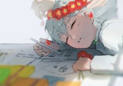 Rule 34 | 2boys, alien stage, birthday, choker, closed eyes, commentary, english commentary, flower, grey hair, head wreath, highres, holding, holding pencil, ivan (alien stage), long sleeves, male focus, multiple boys, naa kamui, parted lips, pencil, red flower, sheet music, shirt, short hair, sleeping, solo focus, till (alien stage), very short hair, white choker, white shirt