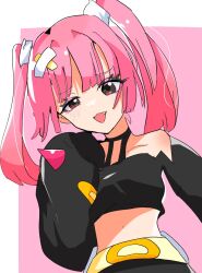 1girl :d bandaid bandaid_hair_ornament black_eyes black_shirt blunt_bangs coral_(pokemon) cropped_shirt eyelashes fang hair_ornament half-closed_eye highres long_sleeves midriff nintendo open_mouth pink_background pink_hair piyo_(toripoke710) pokemon pokemon_(anime) pokemon_horizons shirt sleeves_past_fingers sleeves_past_wrists smile solo twintails upper_body