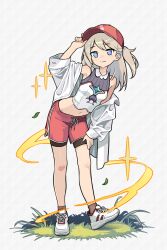 +_+ 1girl blonde_hair closed_mouth commentary_request full_body grey_hair hat highres jacket looking_at_viewer mwm5 navel off_shoulder open_clothes open_jacket red_hat red_shorts shoes shorts sleeveless solo stella_(world_flipper) white_shoes world_flipper