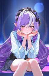Rule 34 | 1girl, absurdres, alternate costume, black nails, black skirt, blush, bow, bowtie, closed mouth, collared shirt, commentary request, feet out of frame, hair bow, highres, long hair, looking at viewer, mole, mole under eye, multicolored hair, nail polish, nose blush, pointy ears, purple bow, purple bowtie, purple hair, red eyes, shirt, sidelocks, sitting, skirt, solo, streaked hair, thighs, very long hair, vivian banshee, white shirt, yueyueyue yao, zenless zone zero