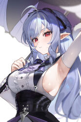 Rule 34 | 1girl, absurdres, ahoge, arm behind head, armpits, black corset, bow, bowtie, breasts, center frills, corset, dress, frills, gothic lolita, hairband, highres, holding, holding umbrella, large breasts, light particles, lolita fashion, long hair, long sleeves, looking at viewer, mole, mole under eye, pointy ears, purple bow, purple bowtie, purple hair, purple hairband, purple umbrella, red eyes, sideboob, simple background, smilesmile1312, solo, sweat, umbrella, upper body, vampire, vivian banshee, white background, zenless zone zero