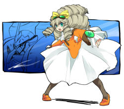 1girl bad_id bad_pixiv_id bow brown_hair brown_pantyhose dougi dress drill_hair gi_(46rain) goggles goggles_on_head green_eyes hair_ribbon loafers long_hair maria_balthasar mecha pantyhose ribbon robot seibzehn shoes silver_hair xeno_(series) xenogears
