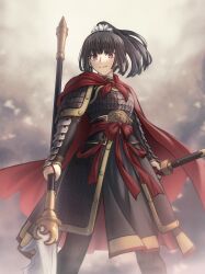 Rule 34 | 1girl, armor, asian, black hair, black hanfu, breastplate, breasts, cape, chinese armor, chinese clothes, dress, fate (series), full armor, full body, hair between eyes, hair ornament, hanfu, high ponytail, highres, holding, holding polearm, holding sword, holding weapon, jian (weapon), lamellar armor, long hair, long sleeves, looking at viewer, original, parody, pink eyes, polearm, ponytail, red cape, robe, scabbard, sheath, shoori (migiha), shoulder armor, simple background, smile, solo, standing, style parody, sword, takeuchi takashi (style), weapon