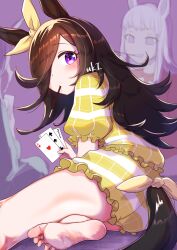3girls animal_ears barefoot blush brown_hair card feet food food_in_mouth hair_over_one_eye highres holding holding_card horse_ears horse_girl horse_tail mejiro_mcqueen_(umamusume) multiple_girls neru_ika playing_card pocky pocky_in_mouth purple_eyes rice_shower_(umamusume) sitting soles solo_focus tail umamusume