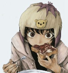 1girl blue_background bread bread_slice brown_eyes brown_hair brown_hat buttons fingernails food hat highres holding holding_food holding_spoon hood hood_down hoodie iwakura_lain jacket jam looking_at_viewer open_clothes open_jacket plate ranm12s serial_experiments_lain short_hair simple_background solo spoon toast upper_body