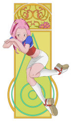 1girl boot_straps boots brown_eyes crests_(digimon) crop_top digimon digimon_adventure_02 floral_background hair_ornament highres leaning_forward leg_up liecomj midriff miniskirt navel pencil_skirt pink_hair platform_boots platform_heels reclining skirt star_(symbol) star_hair_ornament tachikawa_mimi two-tone_shirt white_background white_boots white_skirt