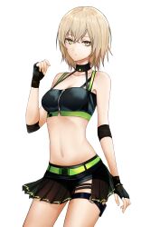 Rule 34 | 1girl, absurdres, bare shoulders, belt, black choker, black gloves, black shirt, black skirt, blonde hair, breasts, bright pupils, choker, closed mouth, cowboy shot, crop top, elbow pads, expressionless, fingerless gloves, gloves, hand up, highres, indie virtual youtuber, kushinaka, looking at viewer, maomi yuka, medium breasts, midriff, miniskirt, navel, pleated skirt, shirt, short hair, side slit, skirt, sleeveless, sleeveless shirt, solo, stomach, virtual youtuber, yellow eyes, zipper