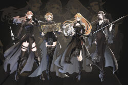 4girls alternate_costume alternate_universe black_blindfold black_boots black_dress black_gloves black_jacket black_shorts black_socks black_thighhighs blindfold blonde_hair blunt_bangs boots braid breasts brown_hair cleavage crossover crown_braid dagger dress dual_wielding earrings feather_trim full_body gloves hair_ornament hair_ribbon hairclip highres holding holding_dagger holding_instrument holding_knife holding_lyre holding_sword holding_weapon instrument jacket jewelry kneehighs knife kurokawa_karasu long_hair lyre medium_breasts multiple_girls nier:automata nier_(series) nintendo parted_lips pelvic_curtain pointy_ears princess_zelda ribbon short_hair short_shorts shorts side_slit sidelocks single_braid socks sword the_legend_of_zelda the_legend_of_zelda:_breath_of_the_wild the_legend_of_zelda:_ocarina_of_time the_legend_of_zelda:_skyward_sword the_legend_of_zelda:_twilight_princess thigh_boots thigh_strap thighhighs waist_cape weapon white_ribbon