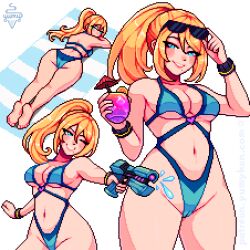 Rule 34 | 1girl, artist name, aseprite (medium), ass, barefoot, bikini, blonde hair, blue eyes, breasts, cameltoe, cleavage, drink, eyewear on head, feet, gun, high ponytail, highres, holding, holding drink, holding gun, holding weapon, large breasts, long hair, looking at viewer, looking back, metroid, mole, mole under mouth, multiple views, navel, nintendo, paid reward available, parted lips, pixel art, ponytail, samus aran, simple background, smile, soles, swimsuit, toes, watermark, weapon, web address, white background, wide hips, yumykon