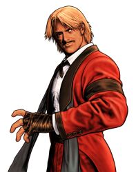 1boy adjusting_clothes adjusting_gloves armband black_armband blonde_hair capcom_vs_snk capcom_vs_snk_2 facial_hair fingerless_gloves from_side game_cg gloves highres looking_to_the_side male_focus missing_eye mori_toshiaki muscular mustache non-web_source official_art one-eyed pants red_eyes red_pants rugal_bernstein shirt snk solo standing the_king_of_fighters