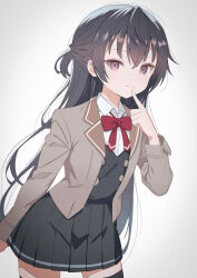 1girl absurdres black_eyes black_hair black_skirt black_thighhighs black_vest blazer bow bowtie closed_mouth collared_shirt commentary commission cowboy_shot finger_to_mouth gradient_background grey_background grey_jacket hand_up highres jacket long_hair long_sleeves looking_at_viewer lumina_(1umin4) pixiv_commission pleated_shirt pleated_skirt red_bow red_bowtie school_uniform seiren_academy_school_uniform shirt skirt solo suou_yuki thighhighs tokidoki_bosotto_roshia-go_de_dereru_tonari_no_alya-san vest white_shirt winter_uniform zettai_ryouiki