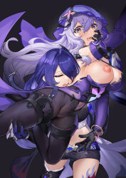 Rule 34 | 2girls, 463 jun, acheron (honkai: star rail), bare shoulders, belt, black belt, black footwear, black gloves, black shorts, black swan (honkai: star rail), boots, breasts, cameltoe, commentary request, covered navel, dress, elbow gloves, gloves, hair over one eye, highres, honkai: star rail, honkai (series), imminent bite, large breasts, leg tattoo, long hair, midriff, multiple girls, nipples, open mouth, purple dress, purple hair, short shorts, shorts, sleeveless, sleeveless dress, tattoo, thigh boots, thighs, veil, very long hair, yellow eyes, yuri