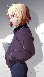 1girl alternate_costume arcueid_brunestud azami_masurao black_jacket blue_pants breasts cowboy_shot from_side glasses grey_background hand_in_pocket highres jacket large_breasts pants profile red_eyes shadow shirt short_hair simple_background solo tsukihime white_shirt