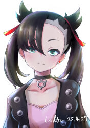 Rule 34 | 1girl, asymmetrical bangs, black choker, black hair, black jacket, blue eyes, blush, choker, closed mouth, creatures (company), dated, dress, eyelashes, game freak, highres, jacket, looking at viewer, marnie (pokemon), nintendo, open clothes, open jacket, pink dress, pokemon, pokemon swsh, shiroan oekaki, smile, solo, twintails, upper body, white background