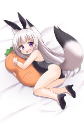 1girl animal_ear_fluff animal_ears ass bare_shoulders black_leotard black_shoes blush commentary_request commission fake_animal_ears fang fox_ears fox_girl fox_tail grey_hair high_heels highres hug hugging_object legs leotard long_hair looking_at_viewer lying mogura2009 on_side open_mouth original purple_eyes rabbit_ears shoes skeb_commission solo strapless strapless_leotard stuffed_carrot stuffed_toy tail tears thighs wrist_cuffs