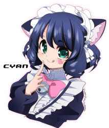 Rule 34 | 1girl, :q, animal ear fluff, animal ears, bell, black shirt, blue hair, blush, bow, bowtie, cat ears, cat girl, center frills, character name, closed mouth, commentary request, cropped torso, cyan (show by rock!!), drill hair, facial tattoo, finger to mouth, frills, green eyes, jingle bell, long sleeves, looking at viewer, maid headdress, paw tattoo, pink bow, pink bowtie, shirt, short hair, show by rock!!, smile, solo, tattoo, tongue, tongue out, twitter username, white background, yokoshima takemaru