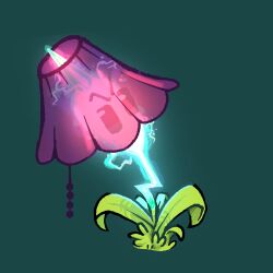 commentary english_commentary green_background green_eyes highres kinomotoroka lamp leaf lightning lightning_reed_(plants_vs._zombies) looking_ahead no_humans no_mouth official_alternate_costume plant plant_focus plants_vs._zombies plants_vs._zombies_2 simple_background solid_oval_eyes solo v-shaped_eyebrows