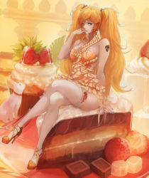 1girl bad_id bad_pixiv_id bamuth bare_shoulders blonde_hair blue_eyes breasts cake cat chocolate crossed_legs dress female_focus food frilled_thighhighs frills fruit high_heels highres in_food jewelry large_breasts long_hair nail_polish original oversized_object ring sitting solo strawberry tattoo thighhighs twintails white_thighhighs