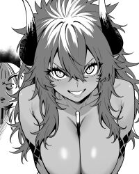 2girls anastasia_empirial breasts collarbone commentary_request dragon_king_naga food food_between_breasts greyscale hair_between_eyes highres horns large_breasts lips looking_at_viewer monochrome multicolored_hair multiple_girls official_art otosama parted_lips pocky scales senki_survival_saga_-_isekai_no_unmei_wo_kaketa_mujintou_fujun_iseikouyuu simple_background slit_pupils topless_female valentine