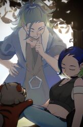 1boy 1girl absurdres adaman_(pokemon) ancestor_and_descendant blue_hair blue_pants closed_eyes commentary_request denim eyebrow_cut green_hair highres hisuian_growlithe index_finger_raised jeans leaning_forward midriff multicolored_hair navel nintendo one_eye_closed pants perrin_(pokemon) pokemon pokemon_legends:_arceus pokemon_sv sleeping smile star_dr0p tree two-tone_hair
