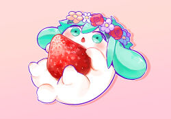 Rule 34 | animal, animal ears, animal focus, animalization, basil (headspace) (omori), basil (omori), blue flower, blush, chestnut mouth, commentary request, double-parted bangs, flower, flower wreath, food, fruit, green eyes, green hair, hair between eyes, head wreath, highres, holding, holding food, holding fruit, leaf, long hair, lop rabbit ears, mapa (wqgrkt krbko), no humans, omori, open mouth, orange flower, outline, purple flower, rabbit, rabbit ears, red background, red flower, red rose, rose, shadow, simple background, solo, strawberry, tongue, white flower, white outline, white rabbit (animal)