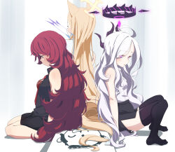 3girls absurdres ahoge animal_ears black_halo black_skirt blonde_hair blue_archive blue_eyes blush breasts demon_girl demon_horns doodle_sensei_(blue_archive) fluffy fox_ears halo highres hina_(blue_archive) horns iroha_(blue_archive) long_hair multiple_girls petitpetitppp purple_eyes purple_halo red_hair seia_(blue_archive) sensei_(blue_archive) shirt sitting skirt small_breasts white_hair white_shirt yellow_halo