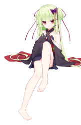 1girl absurdres bare_legs bare_shoulders barefoot black_kimono black_skirt blunt_bangs blunt_ends butterfly_hair_ornament closed_mouth commentary_request hair_ornament hair_ribbon halterneck highres hime_cut japanese_clothes kimono long_hair long_ribbon long_sleeves looking_at_viewer miniskirt murasame_(senren) red_eyes ribbon senren_banka sidelocks simple_background sitting skirt smile solo straight_hair toes very_long_hair white_background wide_sleeves wlswlp