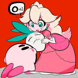 1boy 1girl :d aqua_eyes biting black_eyes blonde_hair blush blush_stickers closed_eyes collar colored_skin commentary_request crown daikon dot_nose dress earrings elbow_gloves eyes_visible_through_hair flipped_hair food frilled_collar frilled_dress frilled_sleeves frills furrowed_brow gloves halftone halftone_background holding holding_food holding_vegetable jewelry kirby kirby_(series) layered_dress leaning_forward long_dress long_hair looking_at_another mario_(series) nintendo notice_lines open_mouth pink_dress pink_skin plant_hair princess princess_peach puffy_short_sleeves puffy_sleeves radish raised_eyebrows red_background sameyama_jiro short_sleeves smile solid_oval_eyes speech_bubble split_mouth standing stitched_mouth stitches super_smash_bros. vegetable white_gloves white_skin