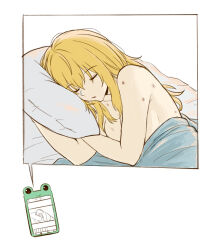 1girl bed_sheet blonde_hair breasts cellphone covering_privates gekota hickey long_hair medium_breasts naked_sheet nude_cover phone sexting shokuhou_misaki simple_background sleeping smartphone solo text_messaging toaru_kagaku_no_railgun toaru_majutsu_no_index under_covers white_background yakult1124