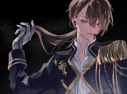 1boy absurdres black_background ear_piercing earrings gloves headset highres jewelry kenmochi_touya male_focus nijisanji open_mouth piercing purple_eyes purple_hair solo sumi_(n29250) twitter_username virtual_youtuber white_gloves