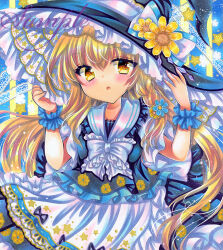 Rule 34 | 1girl, blonde hair, blue flower, blush, embellished costume, flower, hair flower, hair ornament, hat, hat flower, kirisame marisa, long hair, looking at viewer, marker (medium), parted lips, rui (sugar3), solo, touhou, traditional media, upper body, witch hat, wrist cuffs, yellow eyes, yellow flower