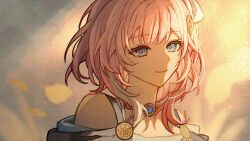 1girl blue_eyes commentary cyrene_(honkai:_star_rail) english_commentary gradient_sky hair_ornament highres honkai:_star_rail honkai_(series) ikasuyosei jewelry looking_at_viewer necklace outdoors pink_hair short_hair sky smile solo upper_body