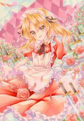 1girl apron black_ribbon blonde_hair commentary_request cowboy_shot curtained_hair dress falling_petals fence flower frilled_apron frills hair_between_eyes holding holding_tray iron_fence looking_at_viewer maid maid_headdress medium_hair neck_ribbon open_mouth outdoors petals planted planted_sword planted_weapon puffy_short_sleeves puffy_sleeves red_dress red_flower ribbon short_sleeves solo sword touhou touhou_(pc-98) tray wassmint weapon white_apron yellow_eyes yumeko_(touhou)