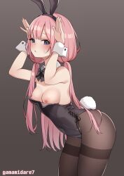 Rule 34 | 1girl, absurdres, amamidare, animal ears, bare shoulders, black hairband, black leotard, blush, breasts, brown pantyhose, covered navel, fingernails, hairband, highres, leotard, long hair, looking at viewer, nail polish, nijisanji, nipples, pantyhose, pink hair, pink nails, purple eyes, rabbit ears, rabbit pose, rabbit tail, solo, suo sango, tail, virtual youtuber, white wrist cuffs, wrist cuffs