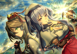 3girls achilles_(azur_lane) ajax_(azur_lane) azur_lane dutch_angle exeter_(azur_lane) miginohito_mitsuru multiple_girls ocean sunrise