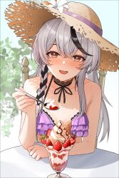 1girl absurdres bare_shoulders bikini black_choker black_hair breasts brown_eyes cherno_kegaard cherno_kegaard_-_enigma cherno_kegaard_-_enigma_(tidal_whispers) choker collarbone food frilled_bikini frills fruit grey_hair hat head_tilt highres ice_cream kai_si_(hscn5578) lace lace_choker long_hair looking_at_viewer multicolored_hair open_mouth purple_bikini small_breasts smile snowbreak:_containment_zone solo spoon straw_hat strawberry streaked_hair swimsuit upper_body