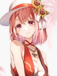 Rule 34 | &gt;:), 1girl, bare shoulders, bikini, blush, breasts, clear glass (mildmild1311), cleavage, closed mouth, collarbone, fire emblem, fire emblem engage, fire emblem heroes, flat cap, flower, hat, highres, jewelry, lapis (fire emblem), lapis (forager of the sea) (fire emblem), medium breasts, necklace, nintendo, official alternate costume, pink eyes, pink hair, red bikini, short hair, smile, solo, sunflower, sweat, sweatdrop, swimsuit, two-tone hat, upper body, v-shaped eyebrows, white hat