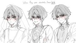 Rule 34 | 3boys, anger vein, animalization, annoyed, bishounen, blunt ends, bodysuit, cape, choppy bangs, closed mouth, clothing cutout, expressionless, eyelashes, false smile, gem, genshin impact, greyscale, hacwss, hair between eyes, highres, japanese clothes, jewelry, kariginu, kimono, layered sleeves, looking at viewer, mandarin collar, mitsudomoe (shape), monochrome, multiple boys, multiple persona, neck ring, open clothes, open kimono, partially shaded face, person and animalization, pom pom (clothes), rope, scaramouche (cat) (genshin impact), scaramouche (genshin impact), scaramouche (kabukimono) (genshin impact), see-through clothes, see-through veil, shimenawa, short sleeves, shoulder cutout, sketch, smile, spot color, string, tomoe (symbol), tsurime, veil, vision (genshin impact), wanderer (genshin impact), white background