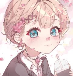 Rule 34 | 1girl, aqua eyes, bell, blush, braid, bubble tea, cardigan, drink, earrings, falling petals, flower earrings, grey cardigan, hair intakes, highres, holding, holding drink, jewelry, light smile, looking at viewer, millie parfait, mono01120, neck bell, nijisanji, nijisanji en, petal on nose, petals, short hair, side braid, solo, virtual youtuber