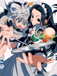 Rule 34 | 2boys, alternate costume, apron, black hair, cup, grey hair, highres, illumi zoldyck, jumping, killua zoldyck, long hair, maid, maid apron, maid headdress, monster hunter (series), multiple boys, open mouth, short hair, star (symbol), thicopoyo, tray, white background