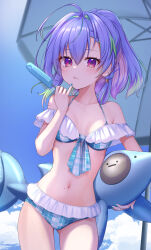 1girl :q ahoge alternate_costume basa_rutan beach_umbrella bikini blue_bikini blue_fur blue_hair blue_sky blush breasts closed_mouth cloud commentary_request cowboy_shot day earrings expressionless food frilled_bikini frills green_hair hair_intakes hair_tubes high_ponytail highres holding holding_food holding_popsicle jewelry looking_at_viewer medium_hair mole mole_on_stomach mole_under_eye multicolored_hair nanashi_inc. navel outdoors pink_eyes pink_hair plaid_bikini plaid_clothes ponytail popsicle sky small_breasts solo suzumi_nemo swimsuit tongue tongue_out umbrella virtual_youtuber