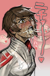 1girl absurdres artist_request blush breath brown_hair bukkake candela_(pokemon) cum cum_in_mouth cum_string cumdrip dark-skinned_female dark_skin heart highres jacket japanese_text nintendo nose_bubble open_mouth pokemon pokemon_go red_background short_hair solo tears upper_body yellow_eyes