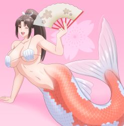 1girl ;d bikini breasts brown_eyes brown_hair cleavage collarbone fatal_fury female_focus hand_fan highres holding holding_fan kiria021 large_breasts long_hair looking_at_viewer matching_hair/eyes mermaid monster_girl monsterification navel one_eye_closed open_mouth pink_background ponytail scales shell shell_bikini shiranui_mai smile solo stomach swimsuit teeth tongue underboob upper_teeth_only variant_set very_long_hair wink