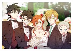 1girl 4boys black_hair black_suit blue_eyes bouquet bow bowtie breasts bridal_veil brown_eyes brown_hair cleavage clenched_teeth collar collarbone dress elbow_gloves eyebrows facial_scar flower flower_on_head formal_clothes glasses gloves green_eyes grey_eyes grey_hair hair_between_eyes hair_ornament hair_up hand_on_another&#039;s_shoulder happy harry_potter_(series) holding holding_bouquet james_potter jewelry lily_evans looking_at_viewer multiple_boys necklace necktie nipye open_mouth parted_lips peter_pettigrew ponytail red_hair red_vest remus_lupin scar scar_on_cheek scar_on_face scar_on_nose shirt short_hair sirius_black smile spiked_hair striped_necktie striped_neckwear striped_suit suit teeth tooth veil vest wedding wedding_dress white_dress white_flower white_gloves white_shirt wing_collar wizarding_world