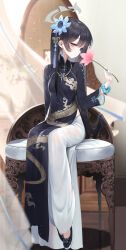 Rule 34 | 1girl, absurdres, alternate costume, alternate hairstyle, black dress, black hair, blue archive, blue dress, blue flower, blue nails, blue scrunchie, blush, breasts, butterfly hair ornament, chair, china dress, chinese clothes, crystal earrings, cushion, dishwasher1910, dragon print, dress, earrings, flats, flower, full body, grey eyes, grey halo, hair flower, hair ornament, halo, highres, holding, holding flower, jewelry, kisaki (blue archive), long hair, long skirt, long sleeves, looking at viewer, pink flower, print dress, scrunchie, shoes, sitting, skirt, small breasts, solo, very long hair, white skirt, wrist scrunchie