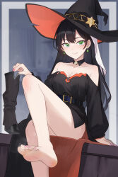 1girl absurdres aru_majo_ga_shinu_made barefoot black_hair boots feet green_eyes hat highres inori_(aru_majo) long_hair looking_at_viewer lumina_(artist) shoes single_shoe smile soles steam toes unworn_boots unworn_shoes witch_hat