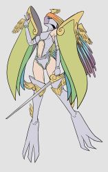1girl ancientirismon armor blue_eyes breasts digimon digimon_frontier helmet highres mask rapier shoulder_armor sword weapon winged_boots wings