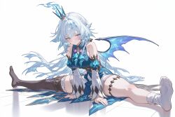 Rule 34 | 1girl, arm support, bare shoulders, black thighhighs, blue dress, blue eyes, blue fire, blue hair, blue wings, blush, braid, breasts, cerydra (honkai: star rail), crown, detached sleeves, dress, elysiamei, fire, floor, gradient hair, hair ornament, highres, honkai: star rail, honkai (series), leaning forward, long hair, low ponytail, medium breasts, mini crown, multicolored hair, on floor, ponytail, purple ribbon, ribbon, shadow, simple background, single thighhigh, sitting split, socks, solo, split, spread legs, thigh strap, thighhighs, very long hair, white background, white hair, white socks, wings