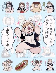 Rule 34 | 6+girls, animal hands, apron, bikini, black hair, blonde hair, blue background, blue eyes, brown hair, chibi, creature, cyclops, food, half note, highres, hot dog costume, line sticker available, long hair, maid, maid apron, maid headdress, multiple girls, musical note, noodles, one-eyed, original, pawpads, pudding, purple eyes, quarter note, ramen, simple background, swimsuit, yurikawa611